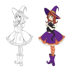 Beautiful anime witch holding black cat. Red hair, purple dress and big hat. Hand drawn vector illustration for coloring book. Isolated on white