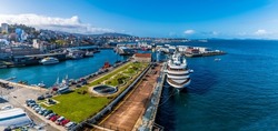 A panorama view along the cruise terminal in Vigo, Spain on a spring day