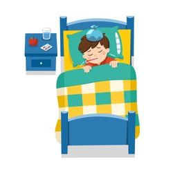 Sick cute boy sleep in bed with a thermometer in mouth and feel so bad with fever. Little sick boy with fever lying in bed under blanket. Vector illustration.