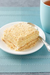Russian Napoleon cake made of puff pastry and custard vanilla cream.