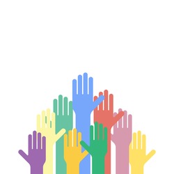 Colored hands raised up. Vector background