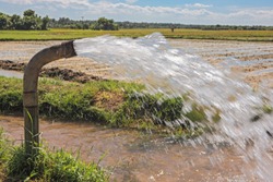 forcefull water gushing out from tube well through pipeline for irrigating the agricultural fields in 
 a village of Andhra Pradesh, India 