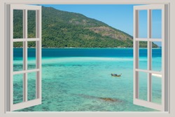 Summer, Travel, Vacation and Holiday concept - The open window, with sea views in Phuket ,Thailand. 