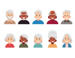 Old people cartoon avatars set. Isolated vector illustration of diverse senior characters