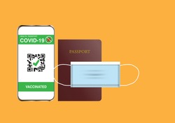 Travel in newnormal concept. Illustration of passport, digital vaccine passport identificate of covid-19 vaccination on mobile phone and face mask.Vector illustration.