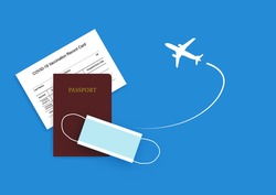 Concepts of airplane travel reopening in newnormal and covid-19 pandemic. Illustration of airplane silhouette,passport, vaccination record form and facemask.