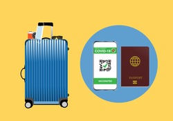 Travel in newnormal after covid-19 vaccination. Illustration of passport, vaccination certificate in mobile phone, travel luggage, facemak, camera and susglasses.