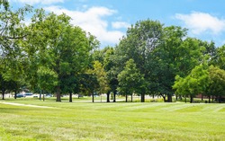 Scenic of green landscape, public outdoor park for leisure and picnic in summer. Greenery environment, lush field and trees and white clouds in blue sky. Recreation and relaxation place with nature.