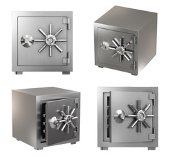 Collection of Realistic Safe Box. High Detailed 3d Rendering Isolated on White Background