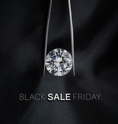 Black Friday Sale Diamond Jewellery Banner. Black Background with Round Diamond in Tweezers. 3D Illustration. 