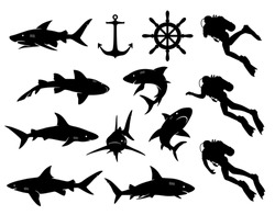 Sharks and Diver Silhouette Images isolated on white.