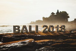 Realistic Bali 2018 3D text in tanah lot temple Bali Indonesia