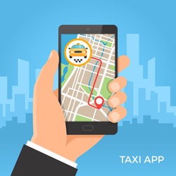 Taxi service and gps navigation concept. Hand holding smartphone with path and location mark on the map. Vector illustration.