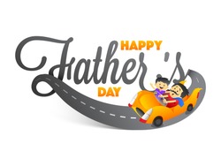 Stylish text Happy Father's Day with father and son duo riding a car on white background.