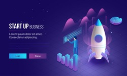 Business Startup responsive landing page or hero banner design with 3D illustration of an new entrepreneur analysis his company growth or success.