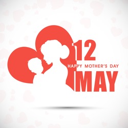 Silhouette of a mother and her child with text 12th May for Happy Mothers Day celebration.