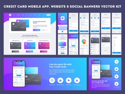 Online Payment or Credit cards app ui kit with website menu like as, credit cards, saving, checking accounts and transaction confirmation.