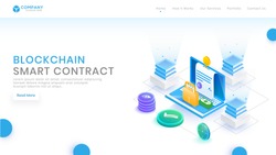 Blockchain or Smart contract website page design with Online money transaction application from on laptop and security analysis data management concept.