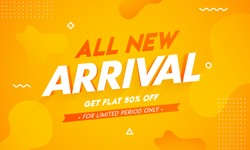 All New Arrival Banner Design with Get 50% Off on Orange Abstract Background for Advertising Concept.