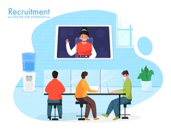 Business People Wear Protective Mask During Work Together At Workplace With Having Video Conference For Online Job Interview Recuitment Concept.