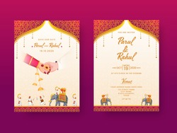 Indian Wedding Invitation Card, Template Layout with Venue Details in Front and Back View.