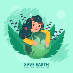 Cute Girl Holding Earth Globe with Leaves on Green Background for Save Earth & Environment Concept.