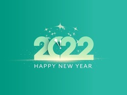 2022 Number With Clock And Sparkles On Turquoise Background For Happy New Year Concept.