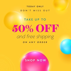 UP TO 50% Off For Sale Poster Or Template Design Decorated With 3D Glossy Balls.