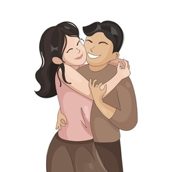 Cheerful Young Girl Hugging To Her Boyfriend Against White Background.