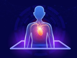 AI Medical Concept With Virtual Human and Heart Observation against HUD Background. AI Healthcare or Biotechnology concept.
