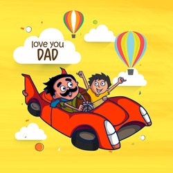 Father and Son enjoying car ride in the sky with hot air balloons, and clouds for Happy Fathers Day celebrations concept. 