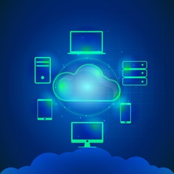 Cloud computing concept with glossy illustration of digital devices connected with cloud on blue background.