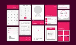 Material Design UI, UX, GUI Screens with flat web icons for mobile apps, responsive websites with Calculator, Calling, Preview Message, Calendar, Music, Time, Stopwatch and Image Gallery Features. 