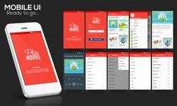 Material Design UI, UX Screen, flat web icons for mobile apps, responsive websites with Welcome Screen, Login Form, Showcase Screen, Information Screen, Play Movies Screen, and Favourites Screen. 