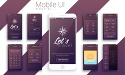 Material Design UI, UX Screens, flat web icons for travel mobile apps, responsive websites with welcome screen, login screen, home screen, booking preview screen, setting screen. 