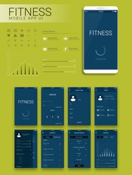 Fitness Mobile App Material Design UI, UX and GUI screens with flat web icons including Sign In, Create Profile, Workout and Statistics features for Mobile Apps and Responsive Website.