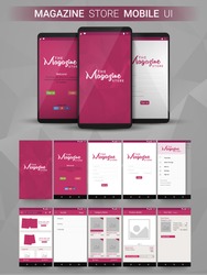 Magazine Store Material Design UI, UX, GUI screens and flat web icons for mobile apps, responsive website with Welcome, Sign Up, Login Form, Category, Filter, Product Details and Your Cart Features. 