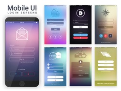 Material Design UI, UX and GUI layout with different glossy Login Screens including Account Sign In and Sign Up features for Mobile Apps and Responsive Website.