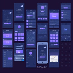 Mobile Apps Material Design, UI, UX, GUI and Web Symbols with Sign In, Sign Up, Calendar, Search, Notification, Profile, Connection and Rating Screens.