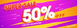 Super Sale with 50% Off. Social media banner design in yellow and purple colors.