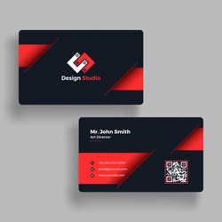 Front and back view of Red and Black Business card with abstract design.