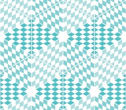 Geometric light blue and white repeating pattern with hexagon outlines filled with diamond shapes and forming 3d effect cubes. Vector illustration