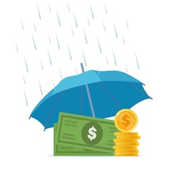 Money under umbrella. Concept of money protection, financial savings insurance. Blue umbrella, big pile of cash. Vector illustration