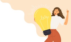 Young smart female holding bright light bulb. Concept of creative idea, smart worker, education, advertisement, figure out, blank template presentation, leaning, business. Flat vector illustration