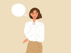 Young office female with curious or pensive face standing with thought bubble. Concept of thinking, decision, business problem solving, considered gesture. Flat vector illustration. Person character.