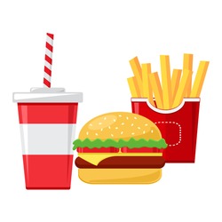 Fast food. Cup of cola with french fries and cheeseburger. Vector illustration