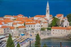 Panoramic cityscape of The Old Town of Budva, Montenegro. Top View. Beautiful destinations.