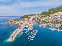 Aerophotography. View from flying drone. Panoramic cityscape of The Old Town of Budva, Montenegro. Top View. Beautiful destinations.
