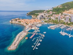 The best panoramic view of the old town. Budva is the favorite destination for tourists from all over the world. Amazing Montenegro. Travel summer holiday background concept. frame with place for text