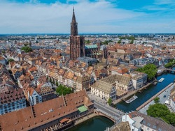 Aerophotographie. View from flying drone.Panoramic cityscape of old town of Strasbourg, France. Cathedral of our lady of Strasbourg (Cathedrale Notre-Dame de Strasbourg).